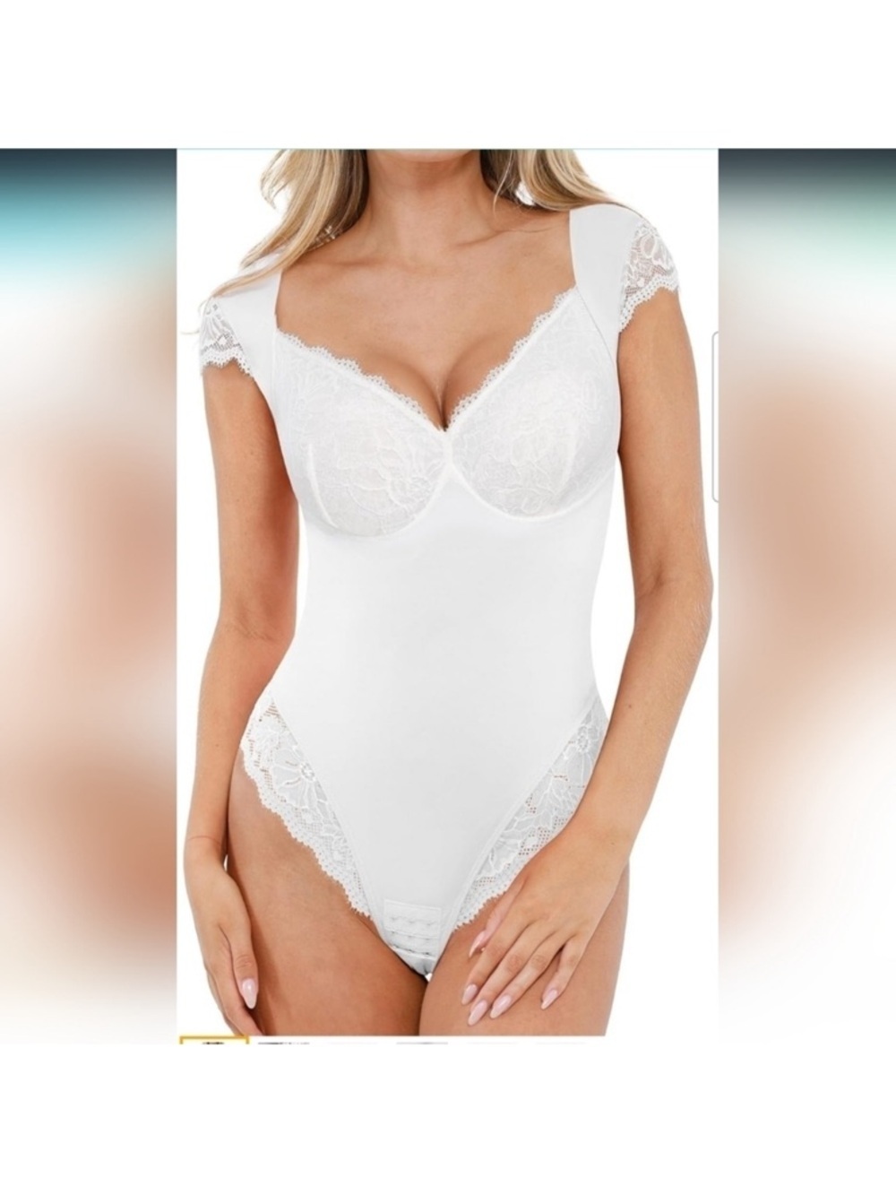 Popilush White Lace Cap Sleeve V Neck Shapewear Tummy Control Bodysuit